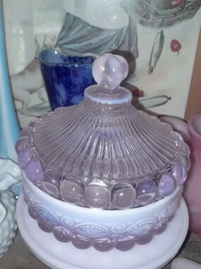 Pink Opaleciant Glass Covered Candy Dish with Beaded Trim - Eye Winker, Mosser